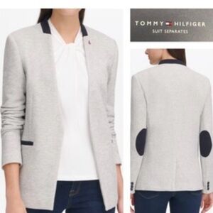 Tommy Hilfiger Gray/Navy Knit Open Front Elbow Patch Blazer Jacket Size 10